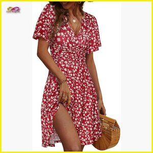 Floral Wrap Sundress Short Sleeve A-Line Midi Dress Summer Casual Chic